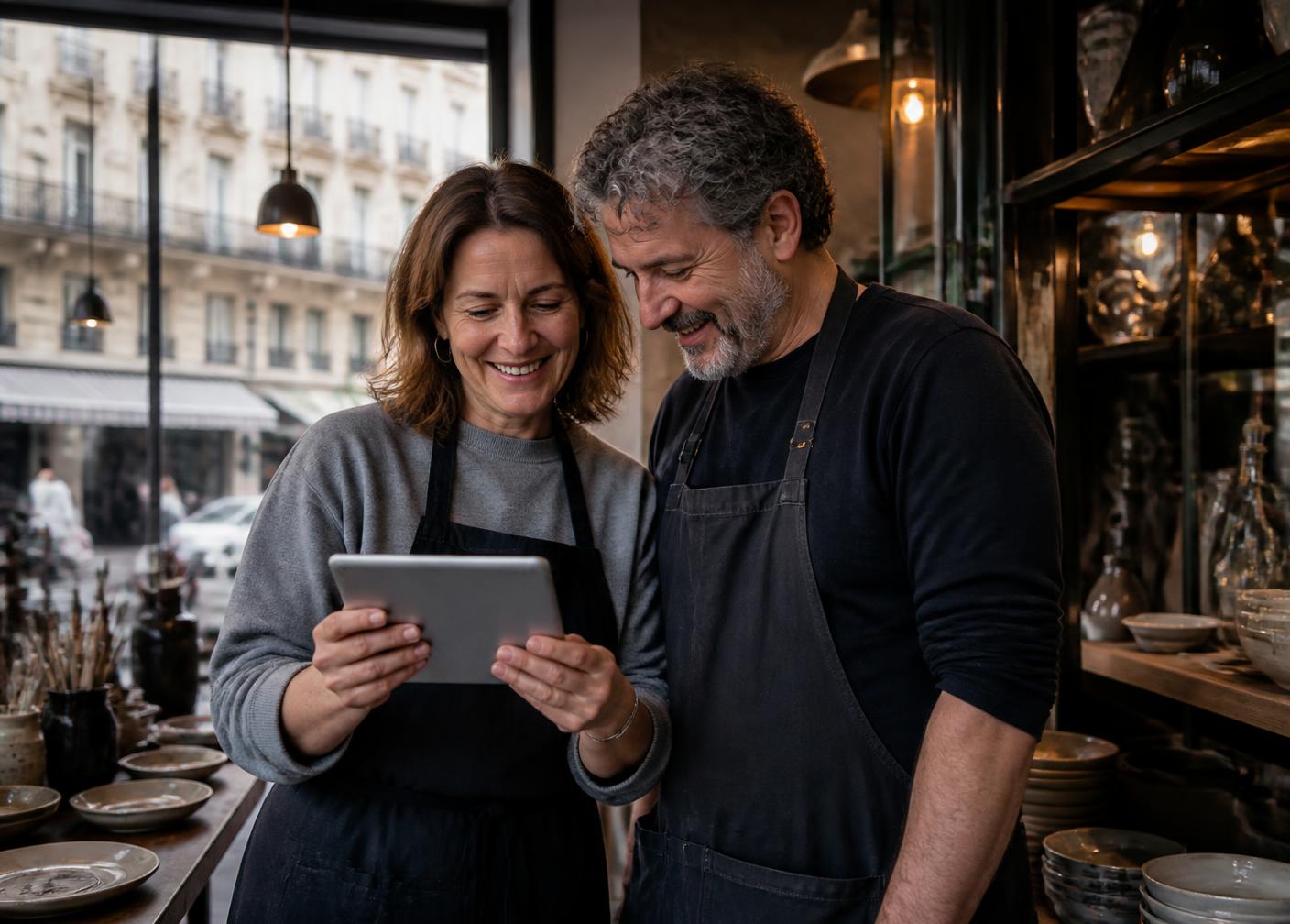 Commerçants parisiens découvrant leur nouveau site internet sur une tablette